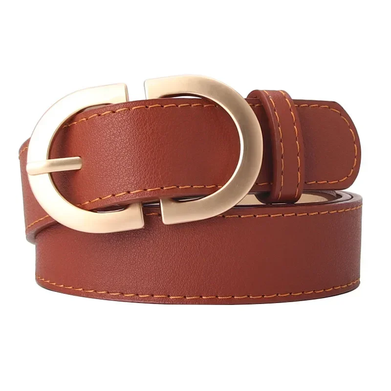 New Thin Female Circle Buckles Belt Deduction Side Gold Buckle Jeans Women Girls Ring Buckle Leather Waist Belt