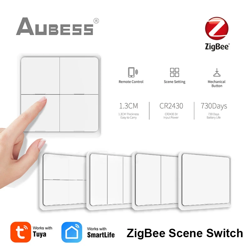 AUBESS Tuya ZigBee Smart Scene Switch 12 Scene 4 Gang Switch Push Button Controller Works With ZigBee Gateway Smart Life App