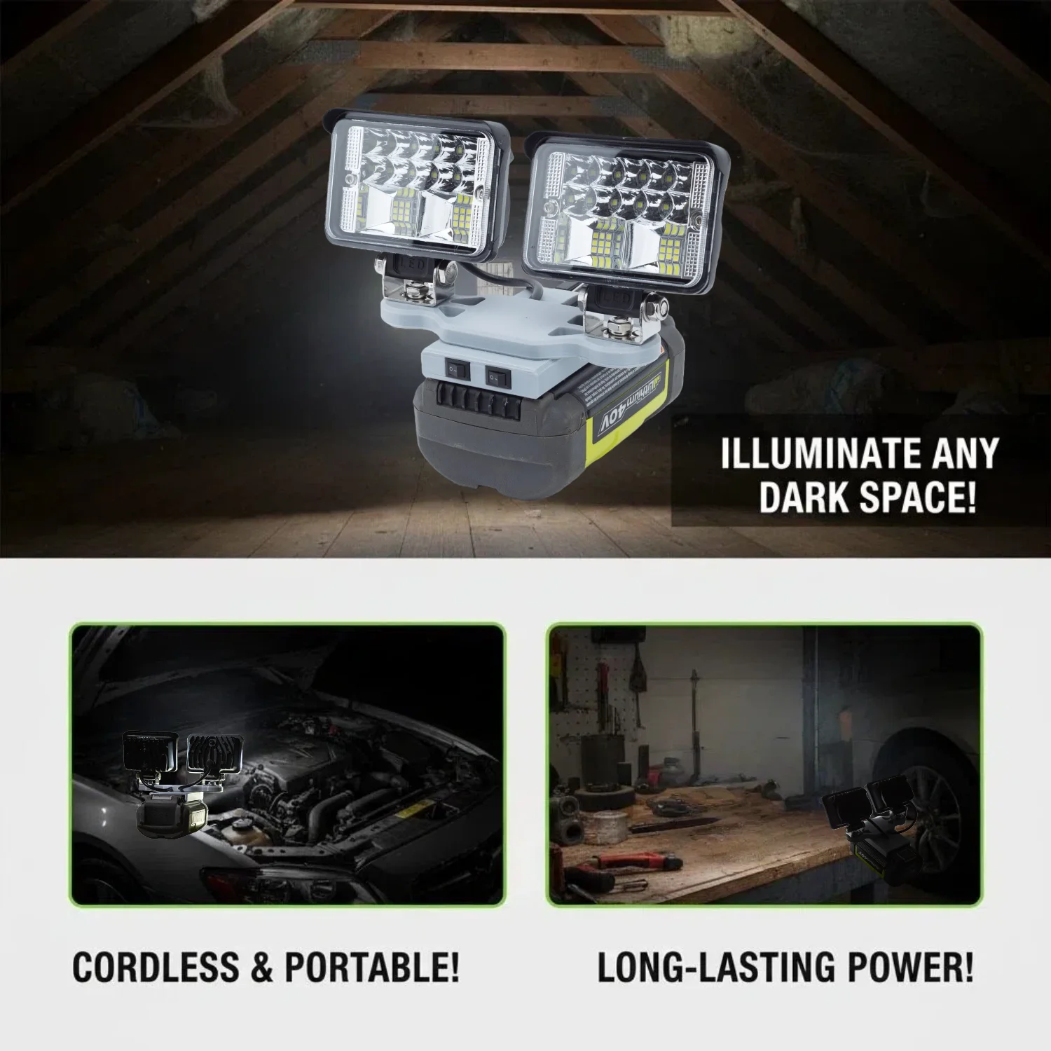 LED Work Light for Ryobi 40V Li-ion Battery Used for Outdoor Camping, Fishing Equipment Maintenance Lighting Fixtures