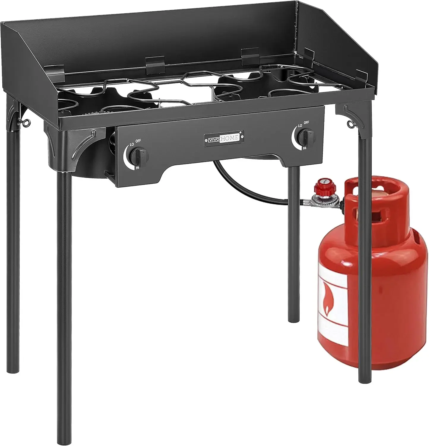 Double Burner Stove 150,000 BTU/hr, Heavy Duty Outdoor Dual Propane with Windscreen and Detachable Legs Stand for Campi