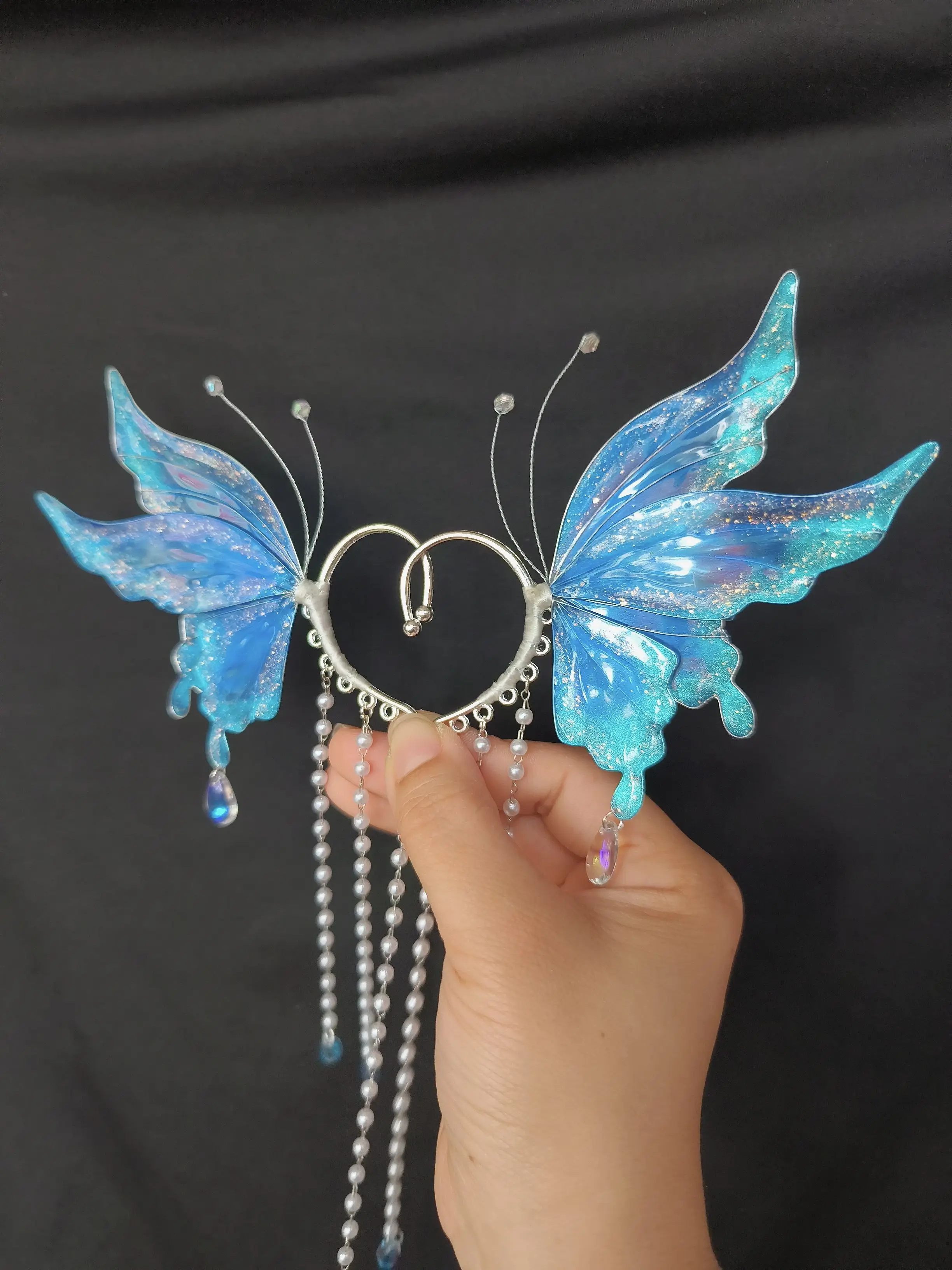 Copricapo Farfalla Sfumata Perla Orecchini con nappa in vetro Orecchini da elfo Appesi Fata Cosplay Prop Accessori per costumi Un paio