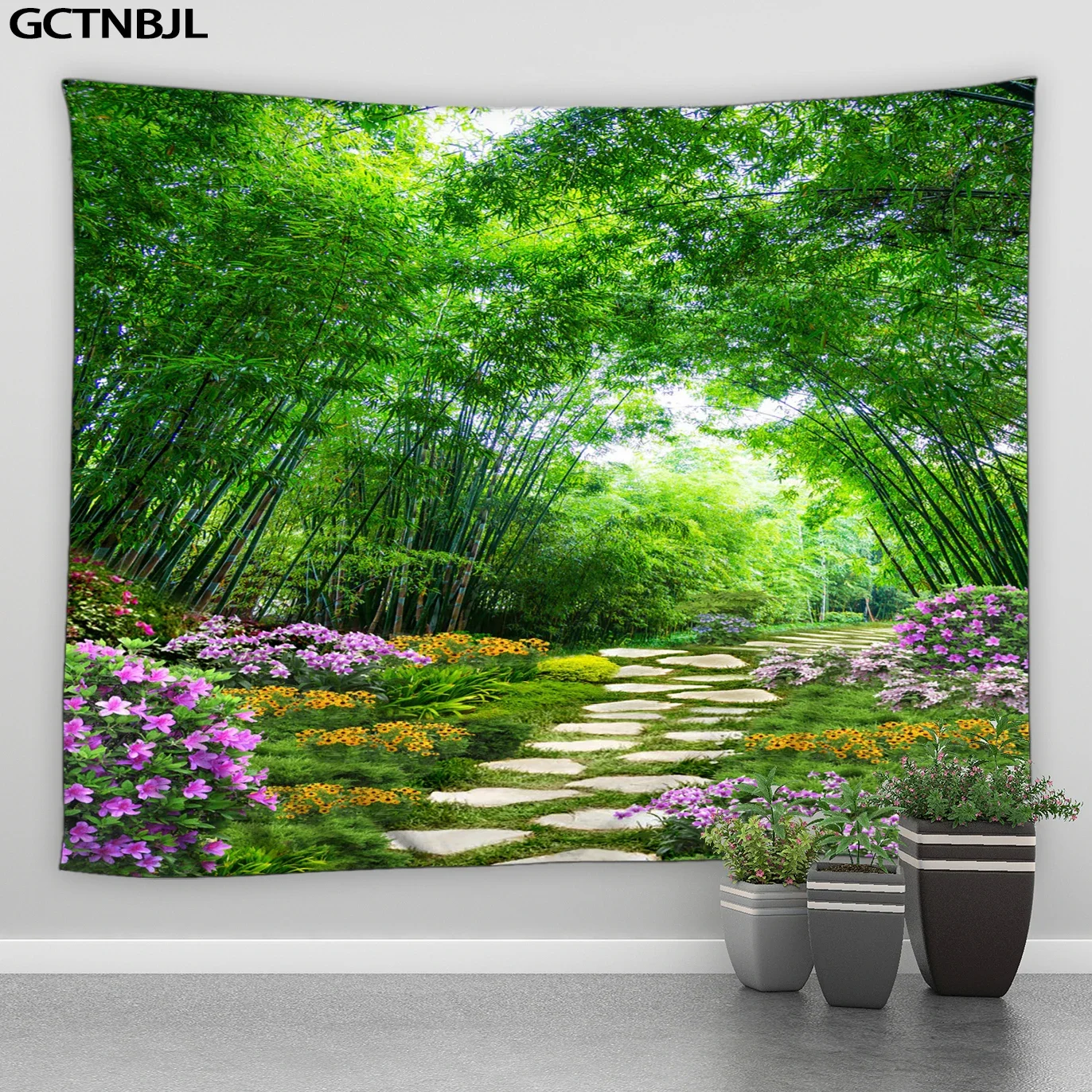 Forest Nature Scenery Tapestry Tree Blooming Pink Flowers Tapestry Park Path Tapestry for University Dorm Decor Wall Art Decor