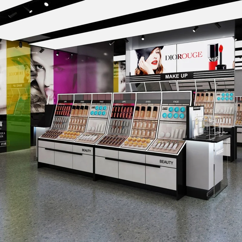 Meja Konter Toko Kosmetik Custom.Makeup Store dengan Rak Display Perawatan Kulit, Showcase Kios, Display Ritel Parfum & Kecantikan
