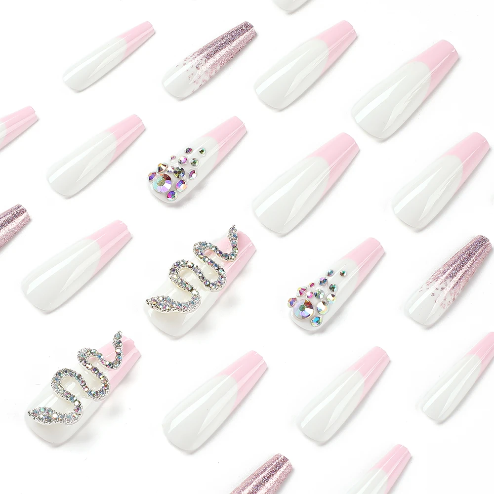 JP3249 QTCJ 24Pcs Pink French with pink-purple glitter and serpentine rhinestones to wear the finished manicure