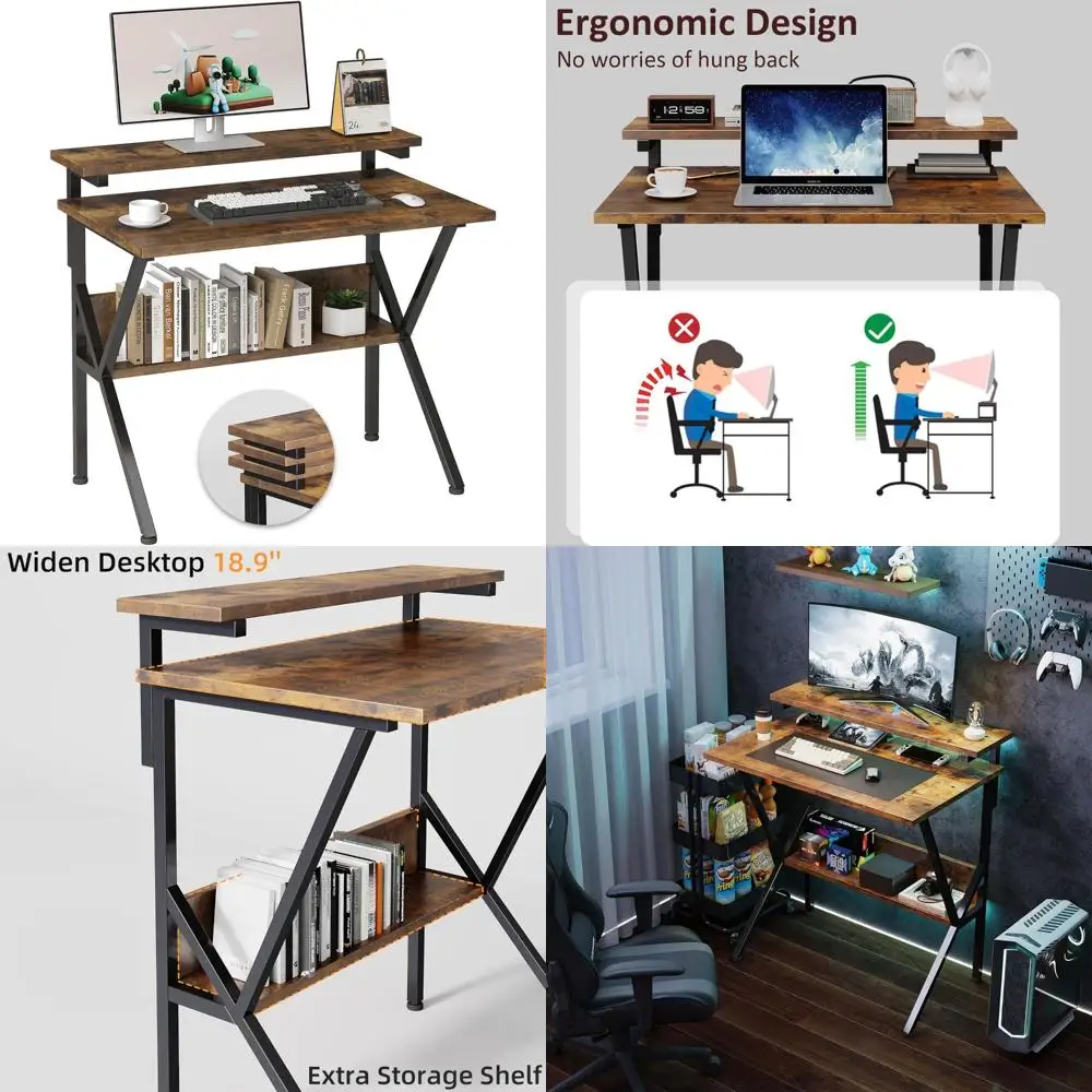 مكتب كمبيوتر مدمج مقاس 27.5 بوصة للمساحات الصغيرة مع حامل شاشة قابل للتعديل وكلمة مفاتيح طويلة الذيل