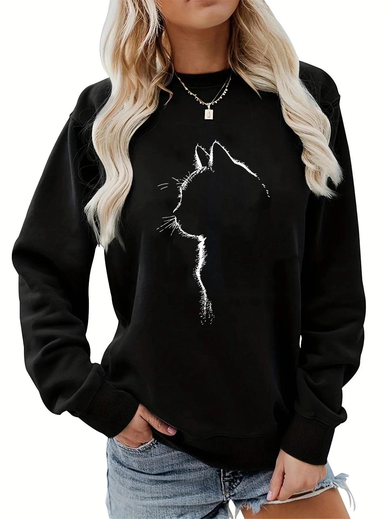 Women's Autumn and Winter Casual Loose and Comfortable Warm Cat Pattern Printed Round Neck Long-Sleeved Pullover