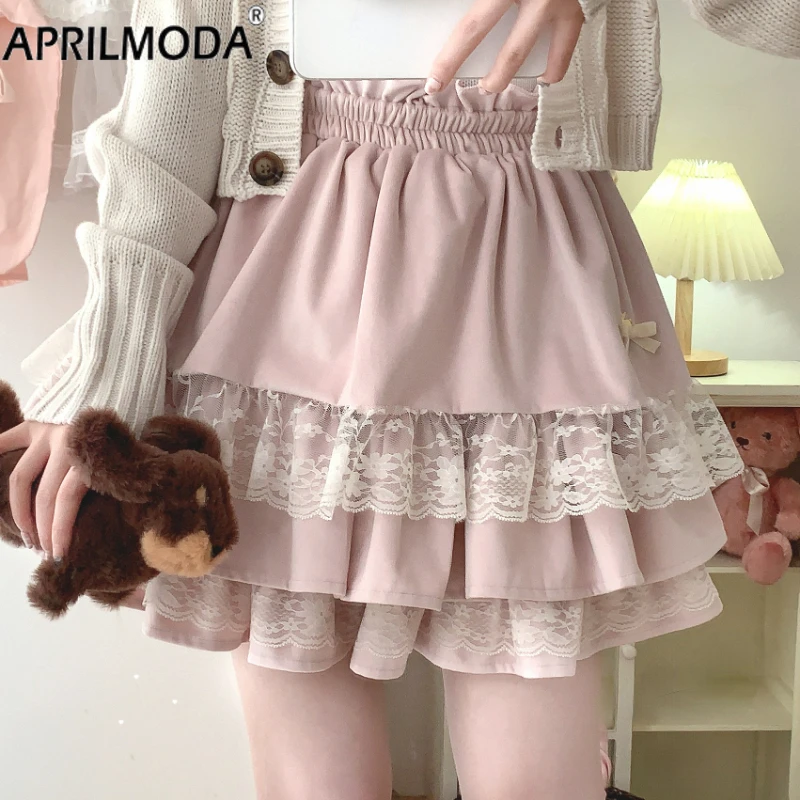 Estilo preppy feminino coelho arco altura saias de cintura japonês kawaii lolita saia de veludo feminino elegante doce renda a linha saia de festa