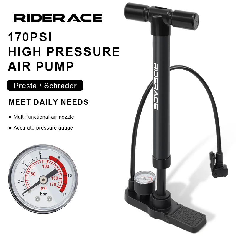 RIDERACE自転車用空気入れ ゲージ付き ポータブル ロードサイクリング ハンドエアポンプ ボール マウンテンバイク タイヤインフレータ シュレーダー/プレスタバルブ対応