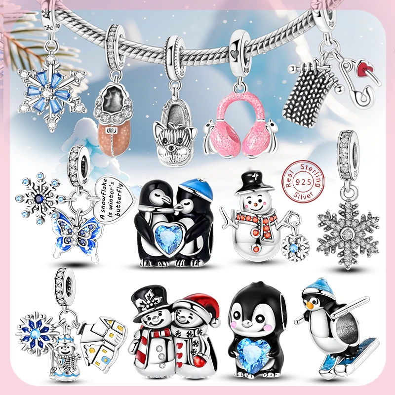2026 925 Sterling Silver Charms Beads Snowflake Snowman House Penguin Love Winter Charms fit Original Bracelet Necklace Jewelry