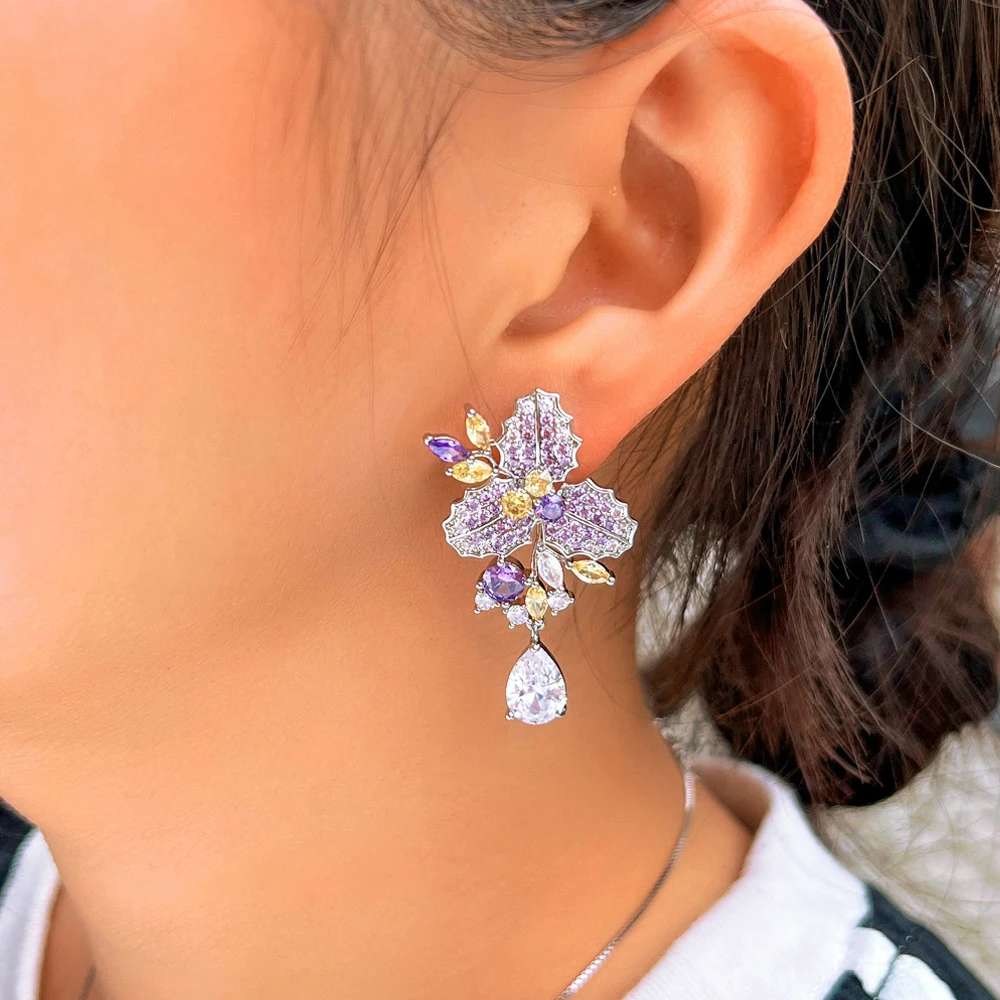 Pera Elegant Purple Yellow Cubic Zirconia Long Leaf Flower Dangle Earrings Evening Party Wedding Jewelry Gift for Women E0023