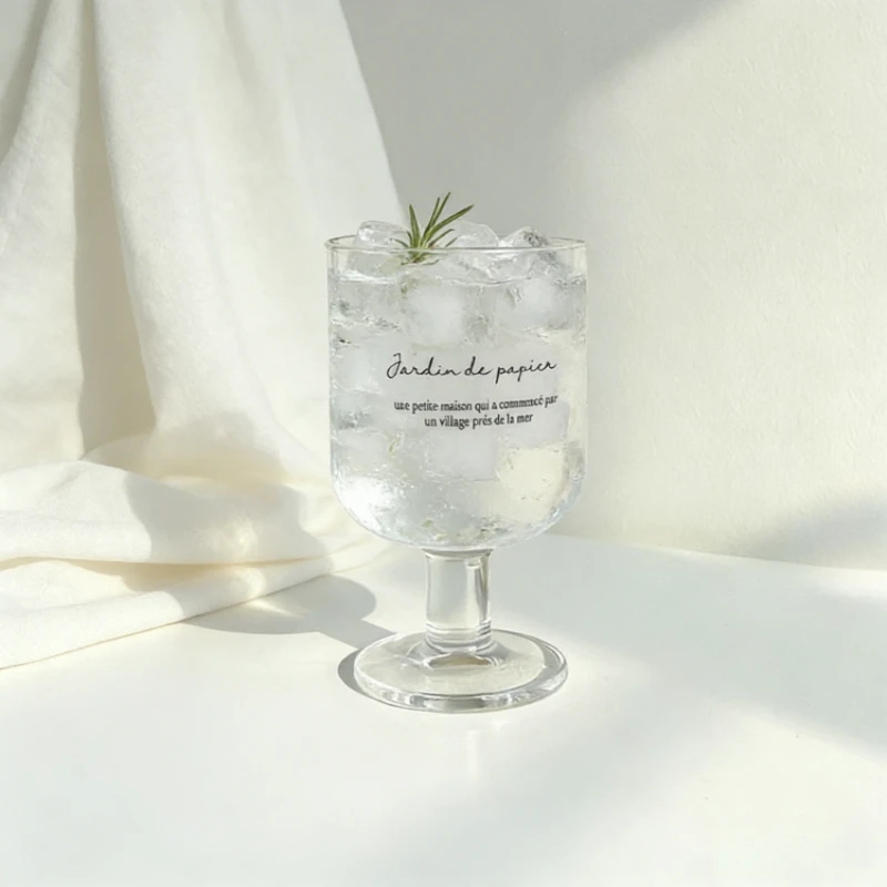 

Romantic French Text Footed Glass Cup Low Footed Glass High Beauty Ice Coffee Cup Dessert Cold Drink Glass for Home Romantic Use