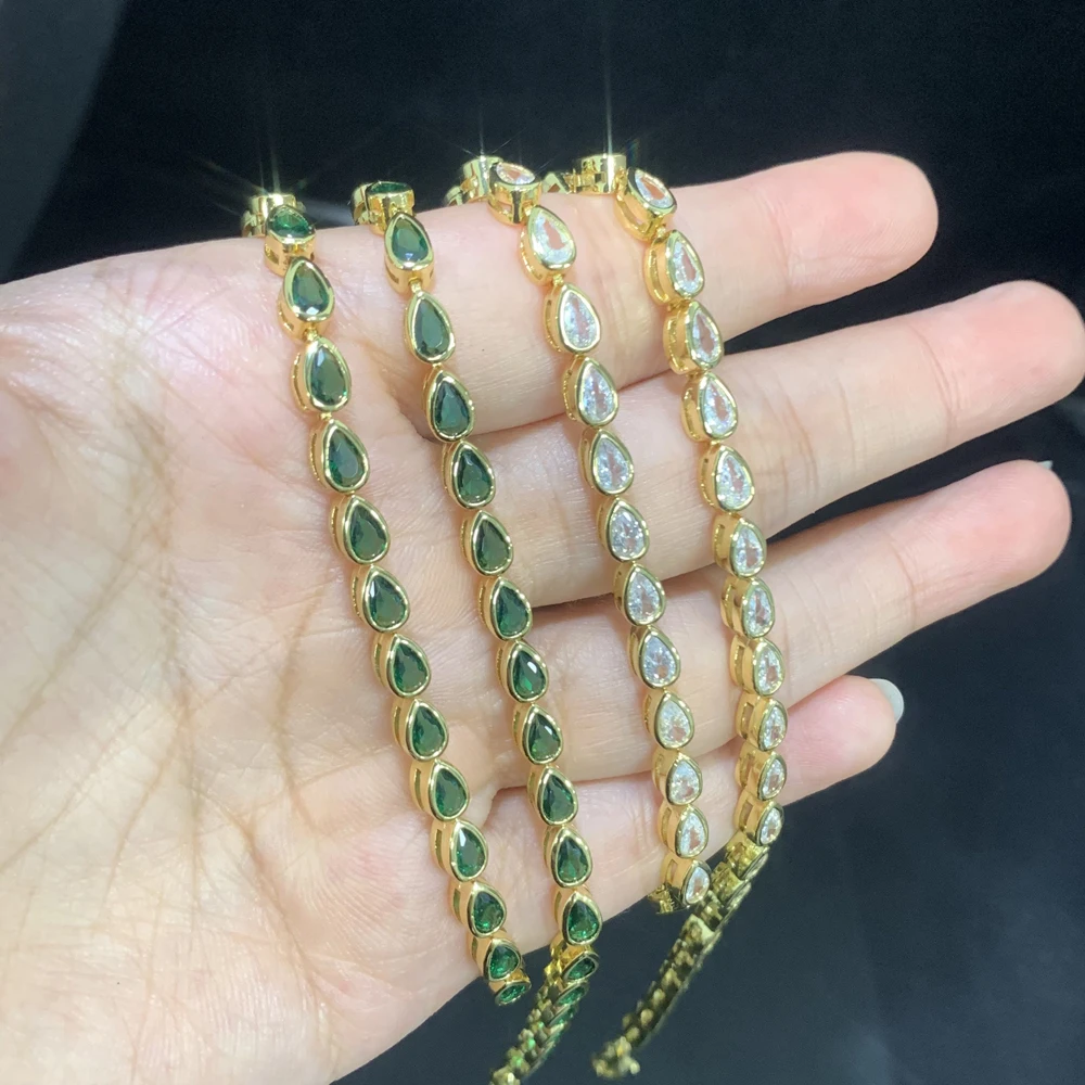 White Green Tear Drop Cubic Zirconia Bezel Set Tennis Chain Gold Color Fashion Women Choker Necklace