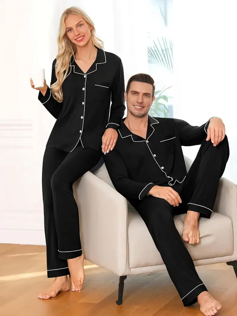 Ropa de dormir de Color sólido, Conjunto de Pijamas de satén de seda para parejas, Pijama largo con botones, Pijama, ropa de descanso para hombres y mujeres, conjunto de Pj de talla grande