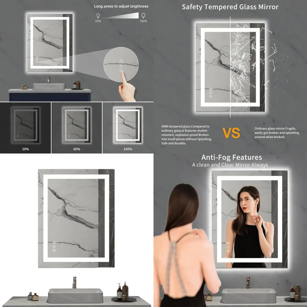 

Зеркало для ванной комнаты со светодиодной подсветкой и регулируемой яркостью, противотуманное, с подсветкой, передней подсветкой, настенное косметическое зеркало, закаленное стекло, безопасное, E