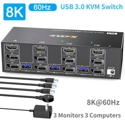 KVM Switcher HDMI KVM 3 in 3 out 8K@60Hz 4K@144Hz Triple Monitor USB 3.0 DP Switcher For Keyboard Mouse Printer HDMI-compatible