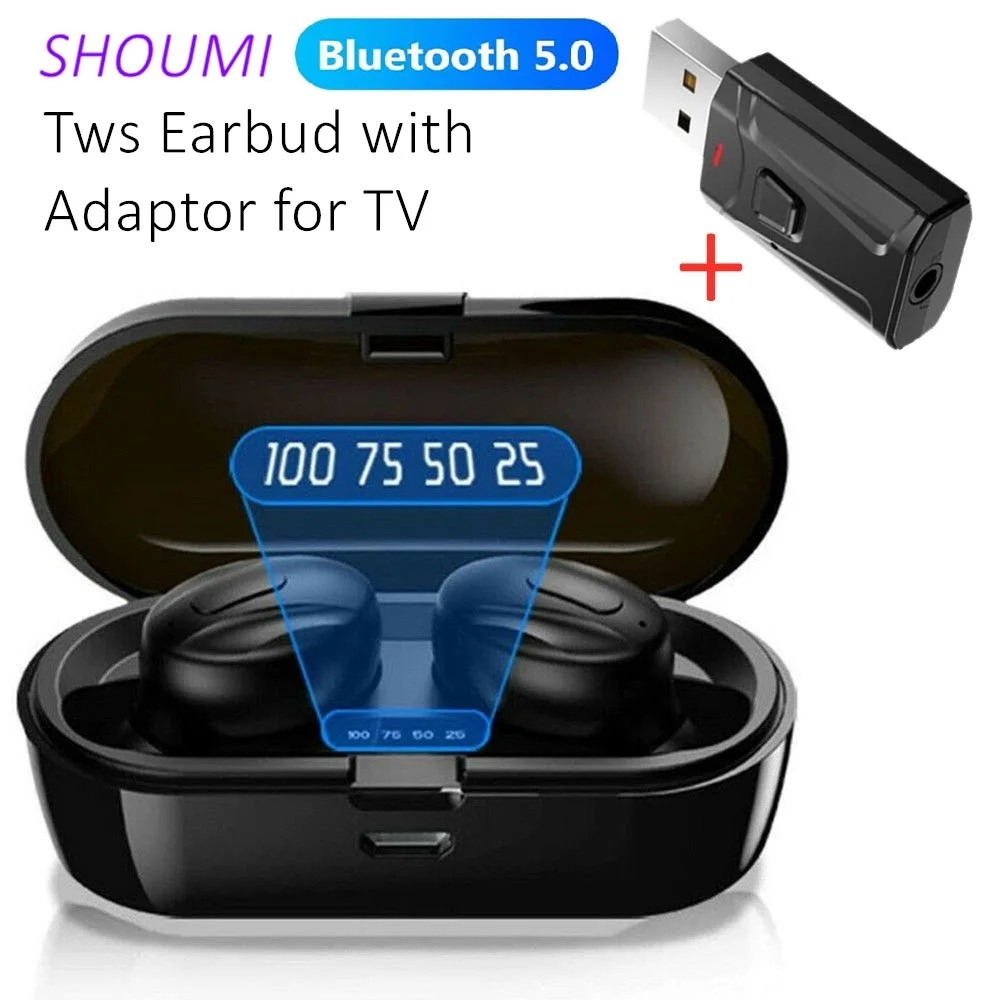 Shoumi-auriculares inalámbricos V5.0 compatibles con Bluetooth, cascos TWS para TV, resistentes al agua, con micrófono y adaptador USB