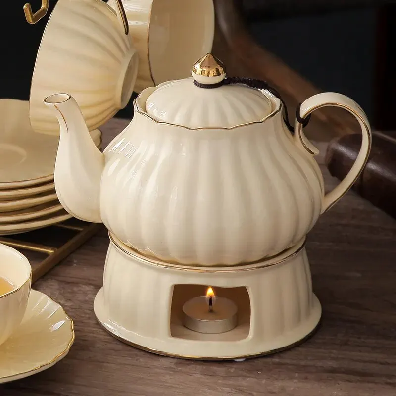 

British Handle Ceramic Glass Teapot With Candle Heating Base Set European Porcelain Coffee Pot Afternoon Tea Home Decoration