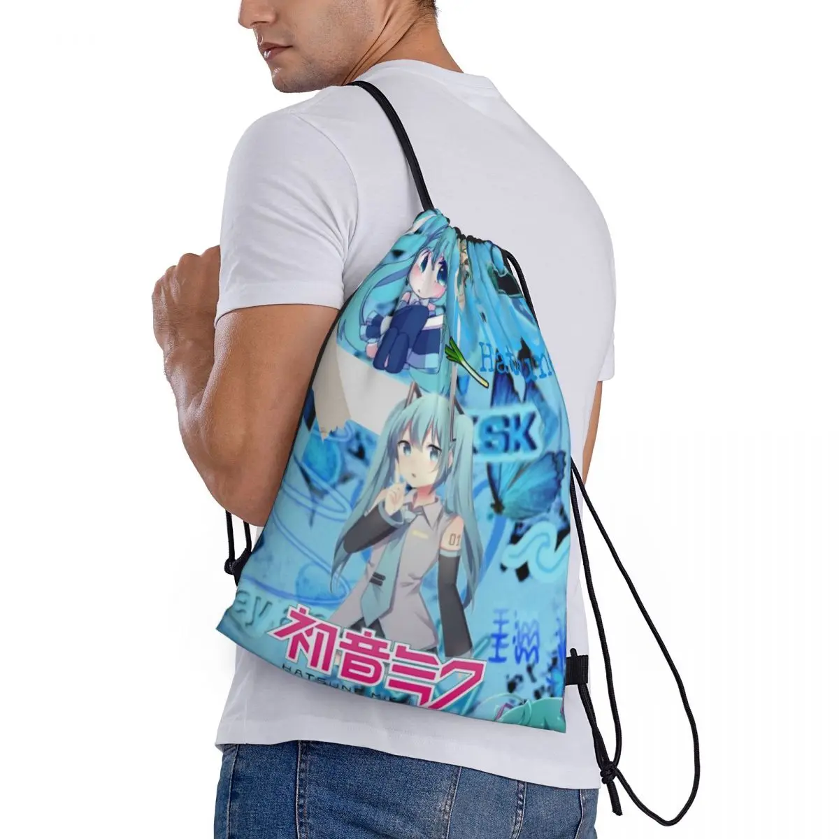 Hatsune Miku Drawstring Saco De Armazenamento, Bolsas portáteis, Mercearia Compras Sacos De Ombro, Saco De Viagem Dobrável