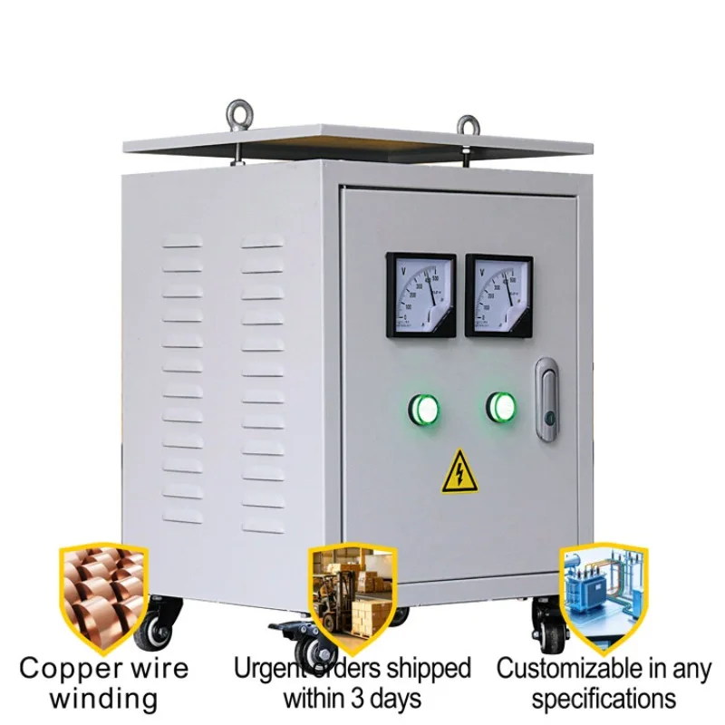 Three Phase Isolation Dry Voltage Transformer Customized With Protective Enclosure LCD Voltmeter Universal Wheels Safe