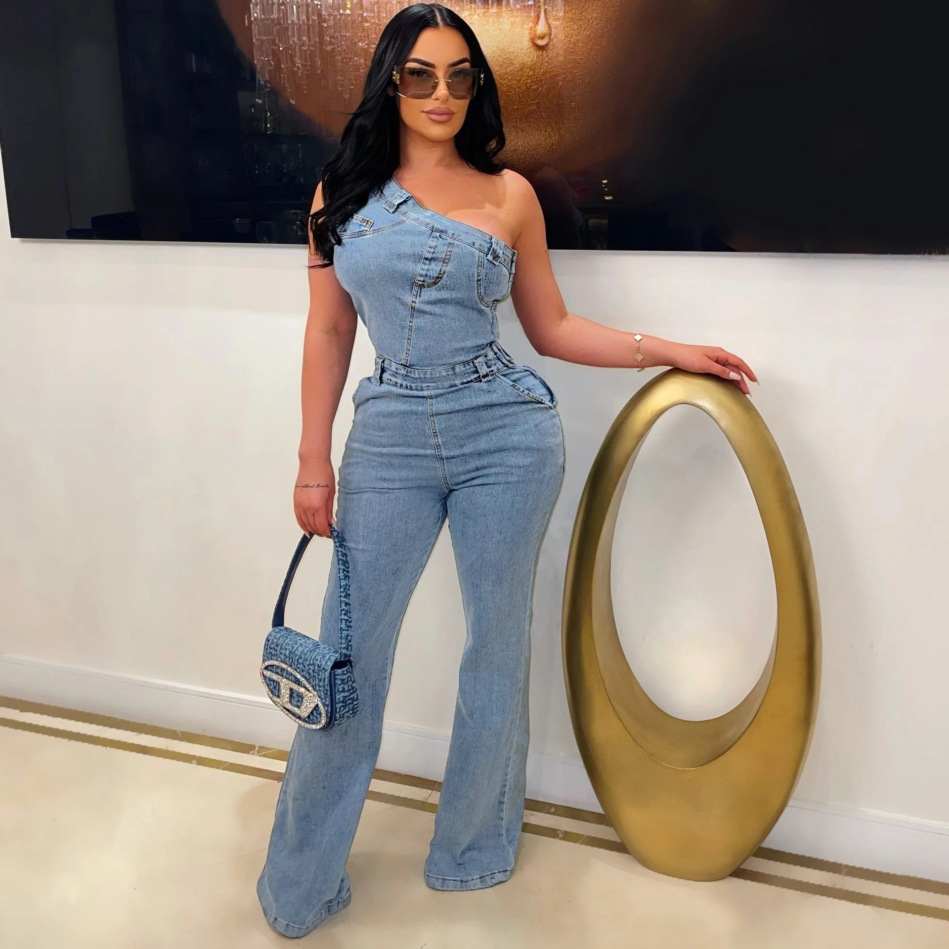 

Casual Women's Denim Romper Diagonal Shoulder 2024 Spring Summer Slim-Fit Casual Ladies One-Piece Flared Pants