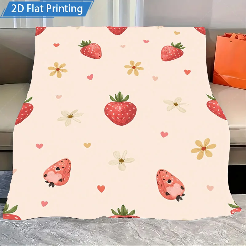 1pc Flannel Blanket Cute Strawberry Print Blanket Soft Cozy Throw for Bedroom Living Room Decor 2D Flat Printing Design