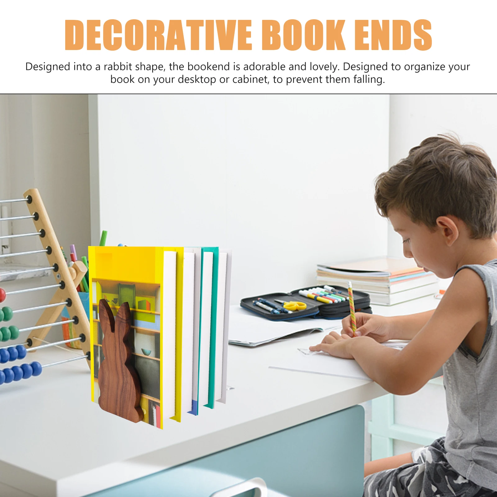 

Wooden Rabbit Bookend Desk Decoration Simple Shelf Holder Non Slip Desktop Organizer Bookends Home Office School Library