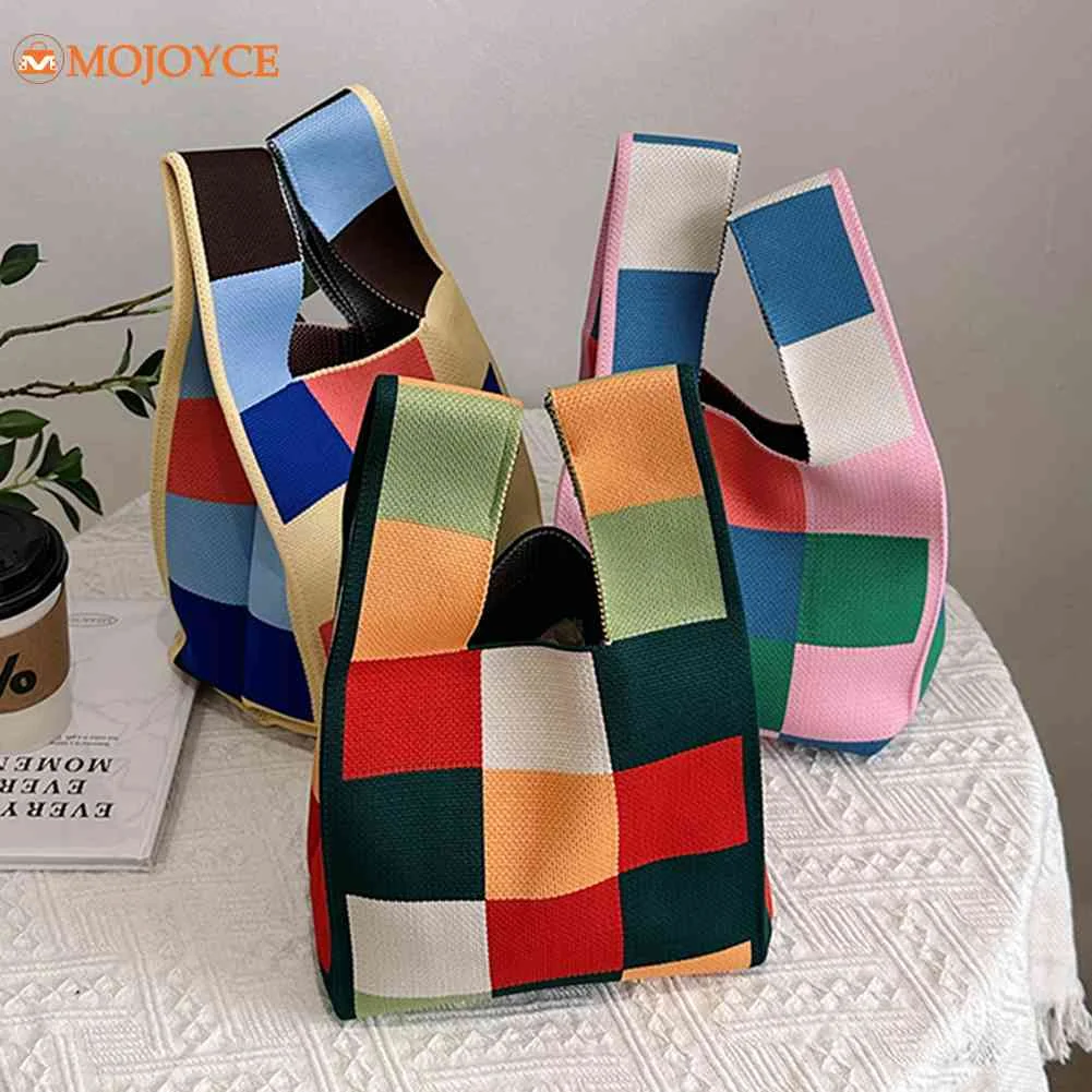 Handmade Knit Handbag Women Mini Knot Wrist Bag Japanese Casual Clutch Bag Stripe Plaid Tote Bag Female Reusable Shopping Bags