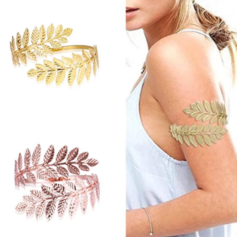 (.) Bohemian Fashion Roman Laurel Leaf Bracelet Armband Upper Arm Cuff Armlet Hand Chain Bridal Wedding Jewelry Accessories
