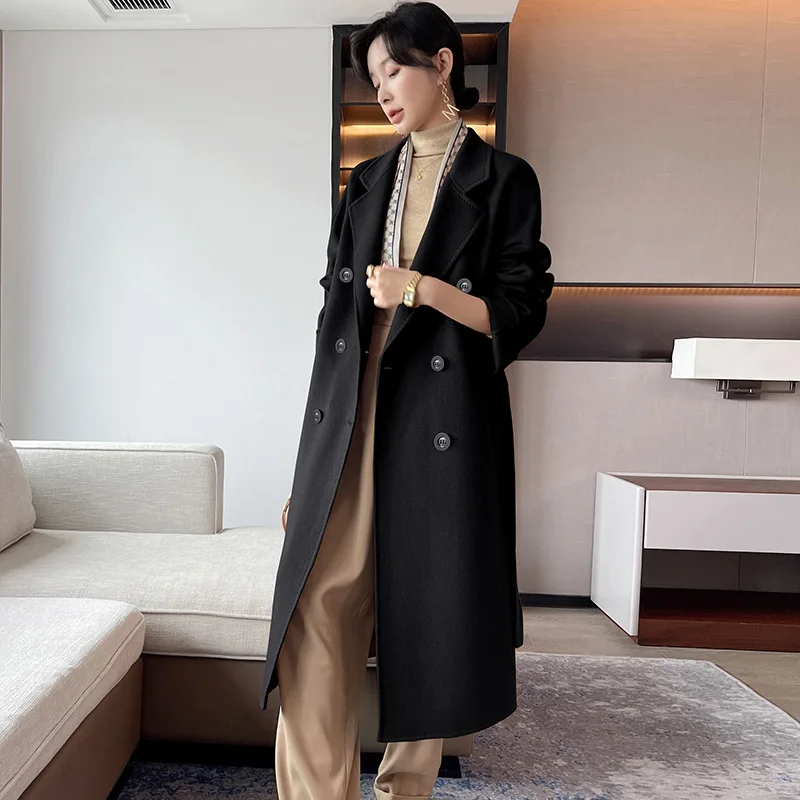 

Max Double Breasted Long Jacket, Pure Cashmere Jacket, Woolen Pure Color Elegant Jacket