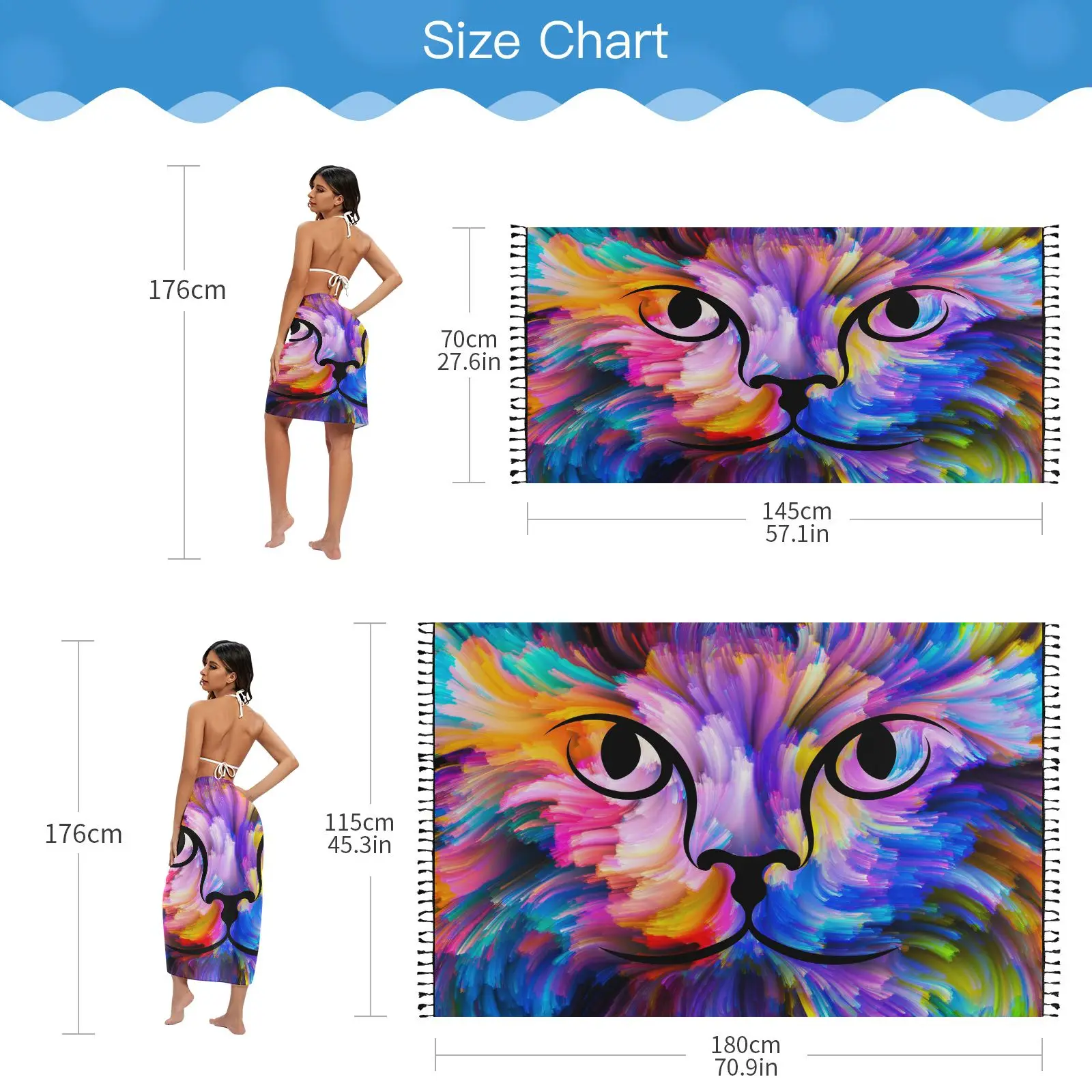 Sexy Women Swimwear Pareo Scarf Sarong Beach Cover Up Colorful Tie Dye Print Chiffon Bikini Bathing Suit Wrap Skirt With Tassels