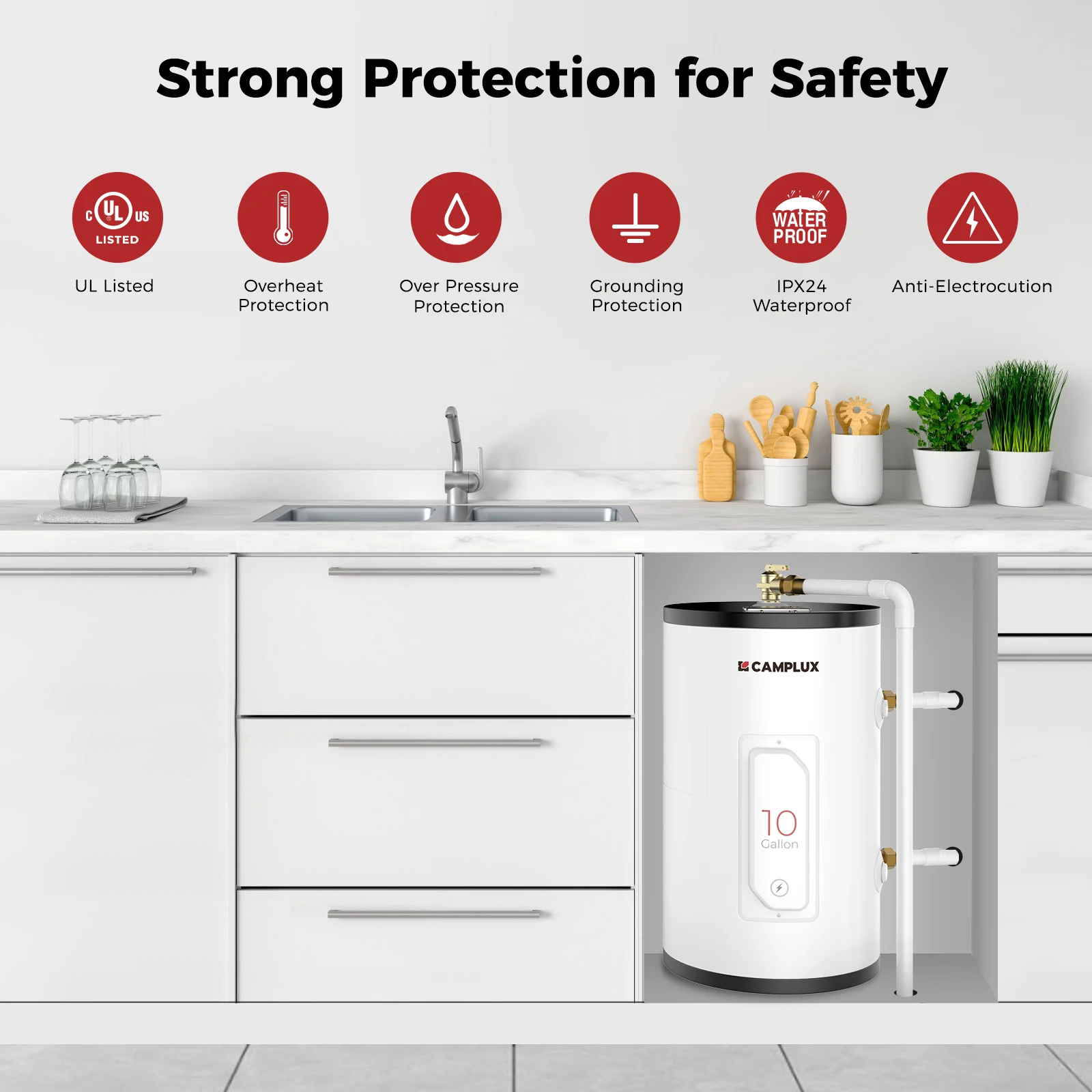 CAMPLUX ME100B 10Gallon Electric Tank Hot Water Heater 120V 1500W Point Of Use Adjustable Thermostat Compact Energy Saving