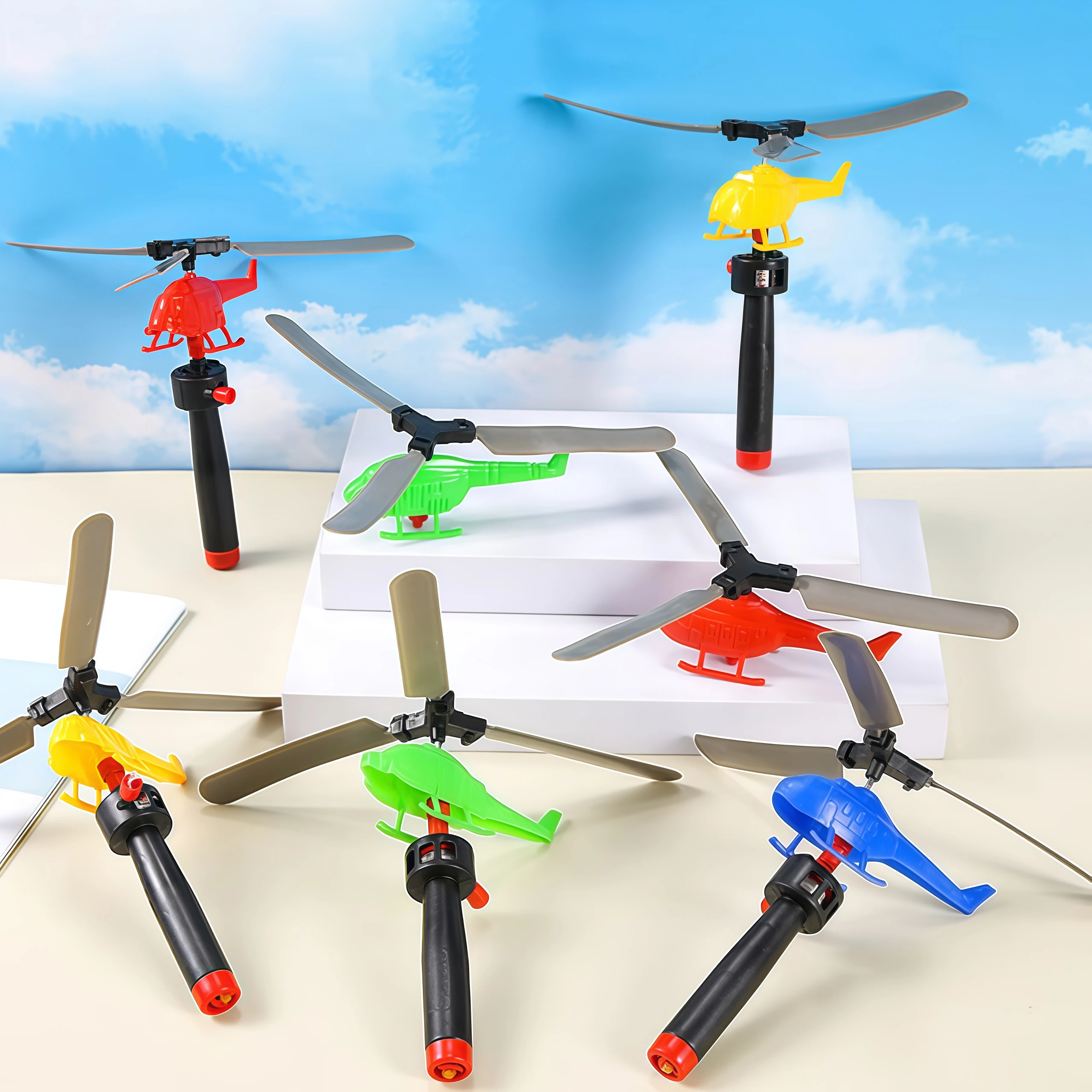 ของเล่นเครื่องบินบังคับดึงเชือกสำหรับเด็ก 3 ชิ้น ของเล่นกลางแจ้ง เฮลิคอปเตอร์เด็ก หมุนได้ 360 องศา °   การบินแบบหมุน