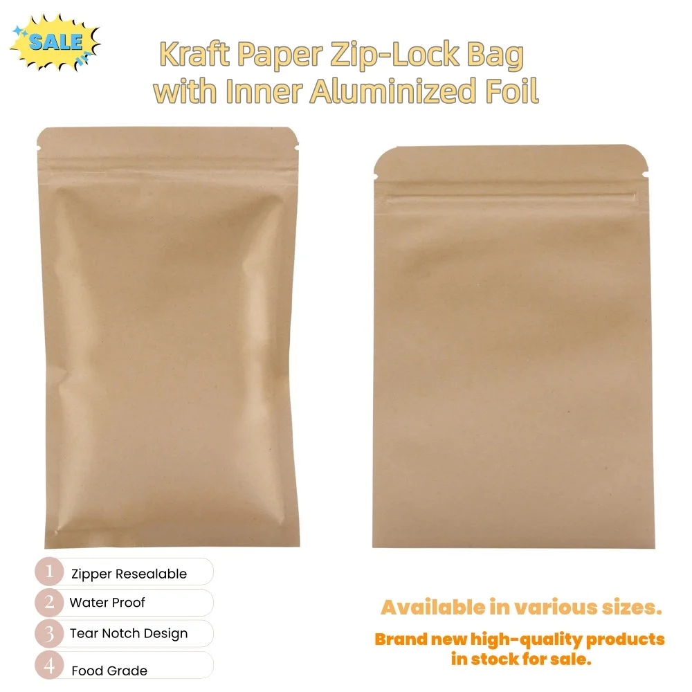 100pcs Kraft Paper Zip Lock Bags With Inner Aluminized Foil - Resealable Self-Sealing Pouch for Sweets, Snacks, Gift Packaging