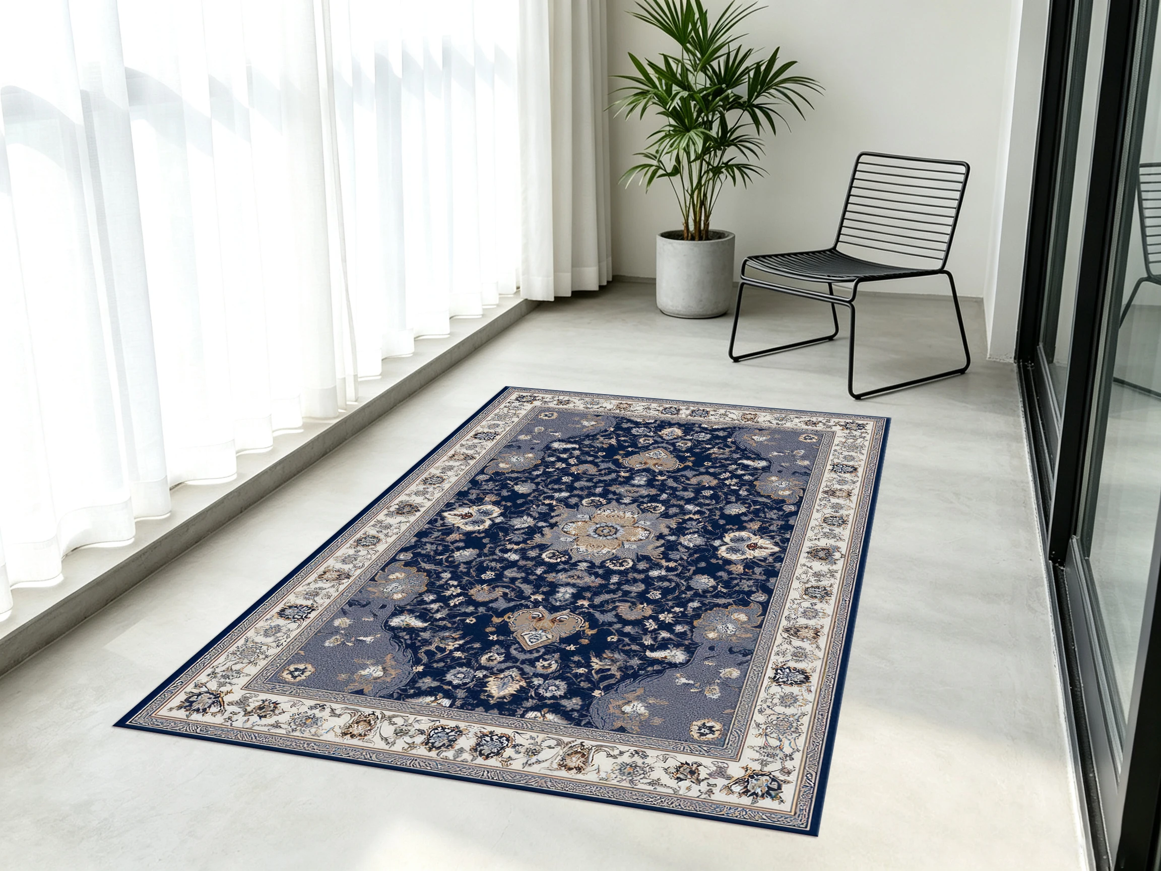 Retro Persian Pattern 2D Rug Navy Blue/Beige Soft & Skin-Friendly, Suitable for Living Rooms & Bedrooms, Enhances Space