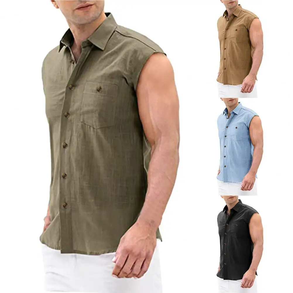 Men Shirt Solid Color Sleeveless All Match Simple Colorfast Summer Top for Daily Wear camisa masculina chemise homme ropa hombre