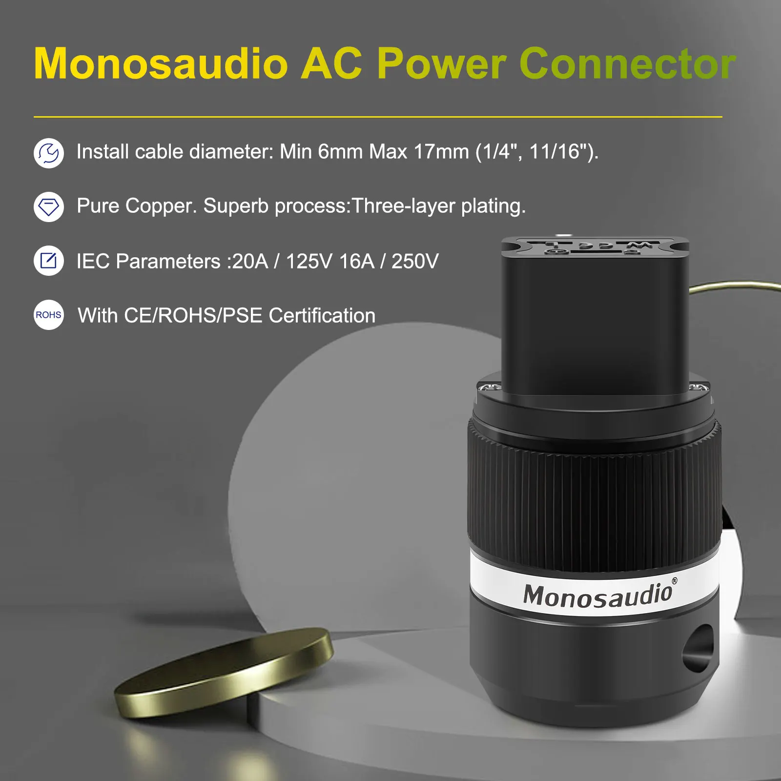 Monosaudio F120g Pure Copper Rhodium Gold Plated C19 Audio Power IEC Female Connector Plug AC 20A Plug