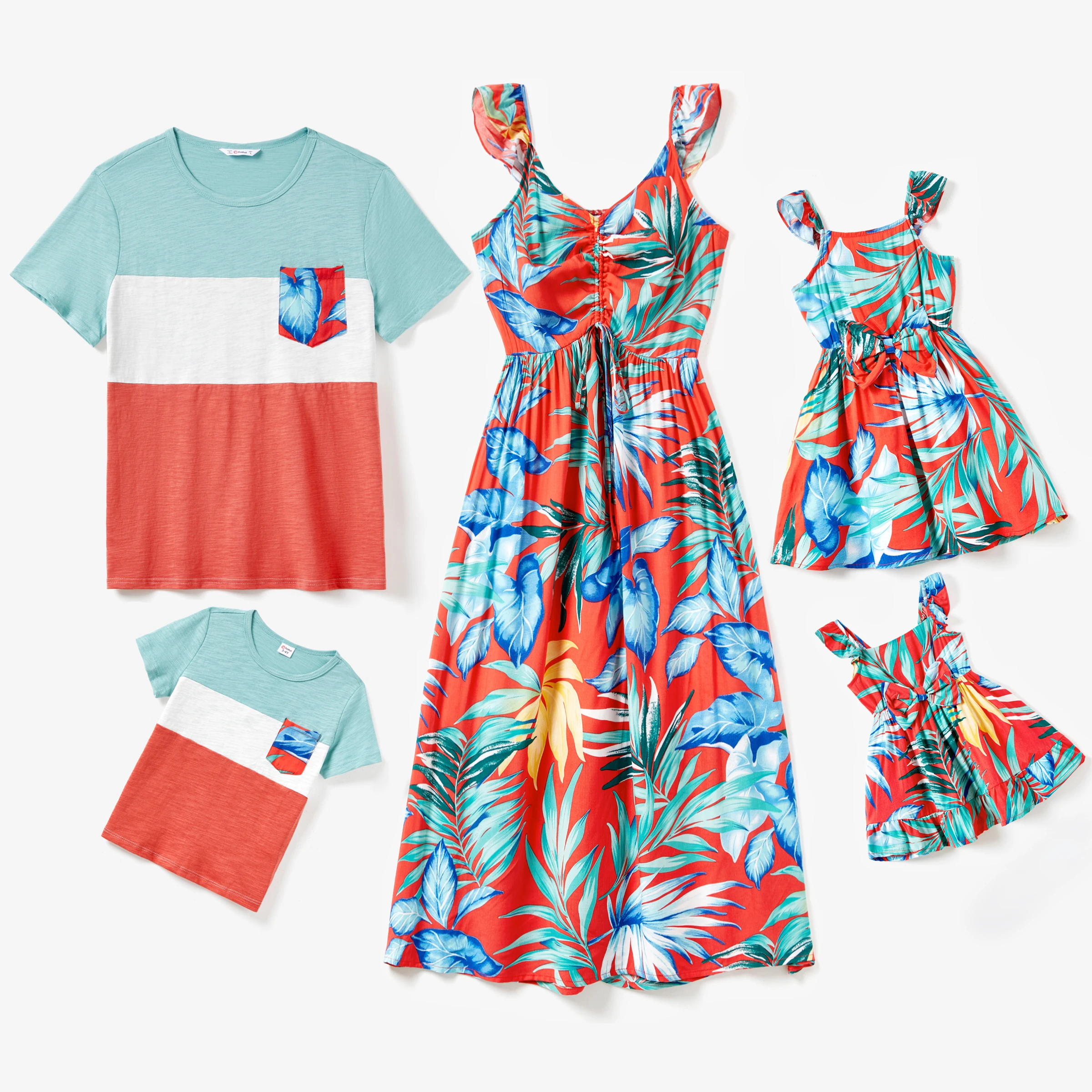 PatPat Family Matching Color Block Tee and Drawstring Tropical Leaf Printed Shirred Back Strap Dress Sets