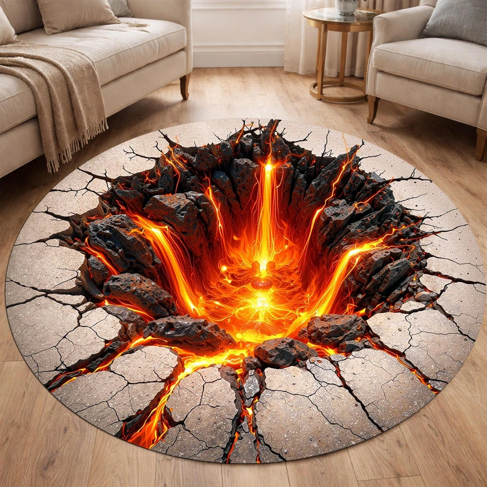 3D Cracked Ground Hot Lava Volcano Optical Illusion print Round Rug,Living Room,Game Room,Bedroom Non Slip Rug Keepsake
