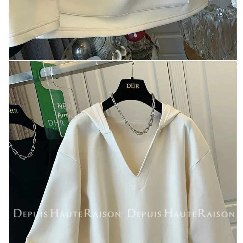 Modna amerykańska bluza z kapturem i dekoltem w serek dla kobiet, nowa luźna i swobodna bluza na jesień i zimę, niszowe topy.