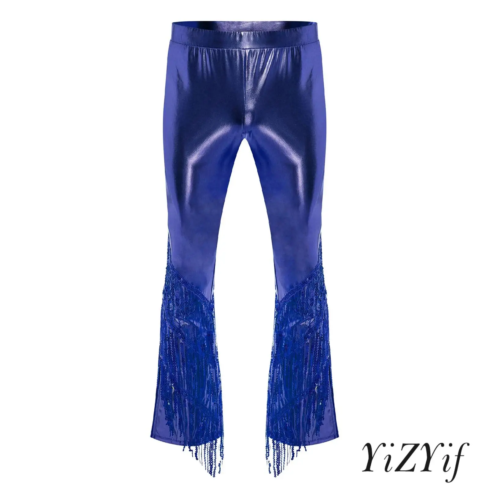 

Mens 70s Disco Metallic Shiny Long Pants Slit Bell Bottom Tiered Sequined Tassel Dance Trousers for Raves Jazz Music Festival