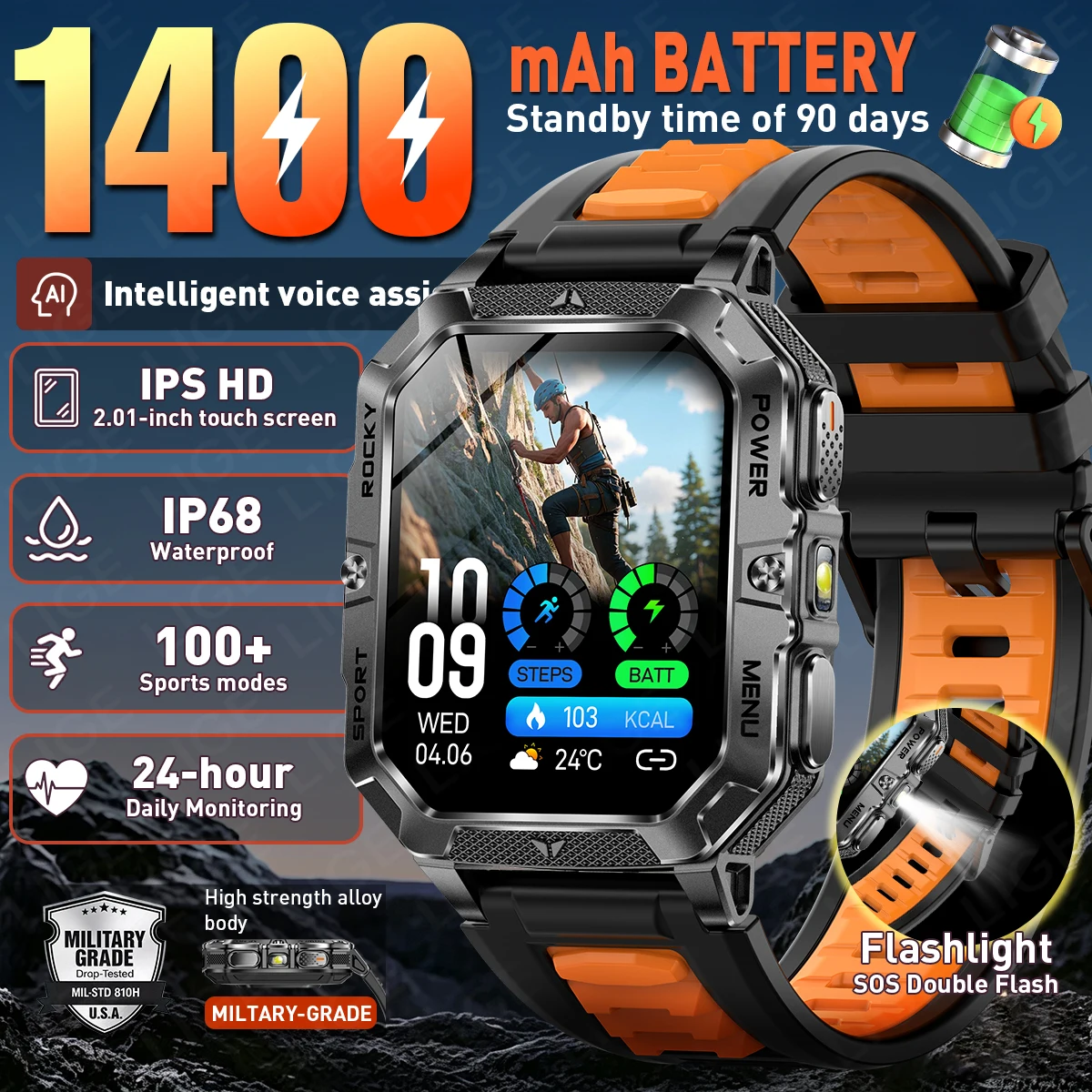 LIGE New Outdoor 1400mAh High-Capacity Battery Smart Watch Men IP68 Waterproof LED Flashlight Sports Smartwatch For Android ios