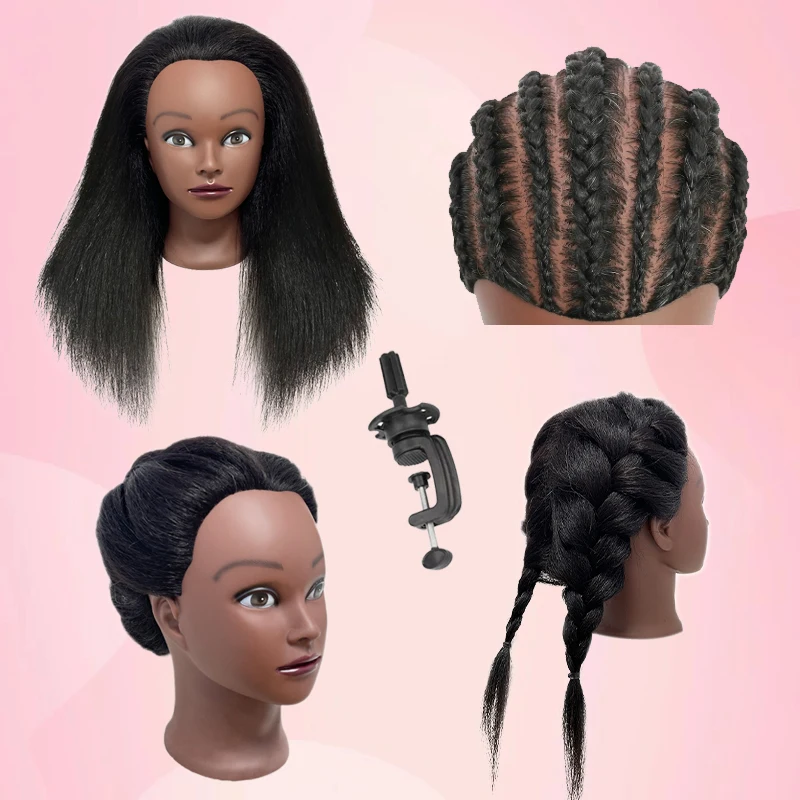 Afro Black Long Straight Hair Human Hair Training Mannequin Head with Hair for Braiding Cornrow Practice Training Mannequin Head