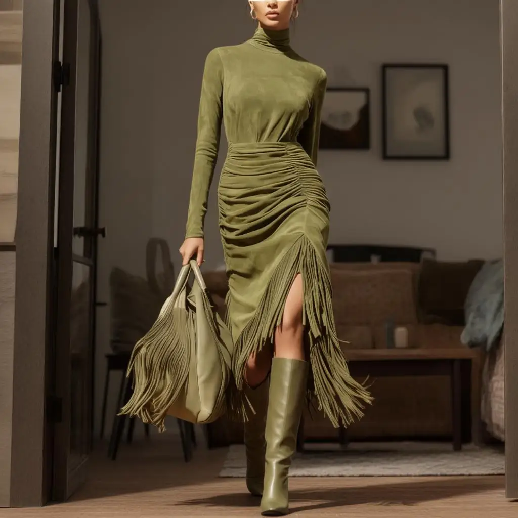 Frauen Elegante Temperament Kleid Sexy Quaste Design Rollkragen Bequeme Kleid Dame Täglichen Anmutige Einfarbig Langes Kleid