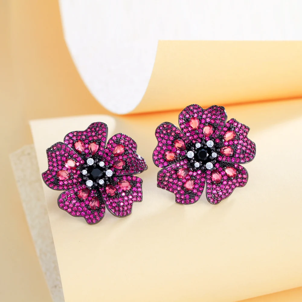 CWWZircons Luxury Shiny Fuchsia Red Cubic Zirconia Pave Big Chunky Statement Flower Drop Earrings for Women Party Wedding CZ758