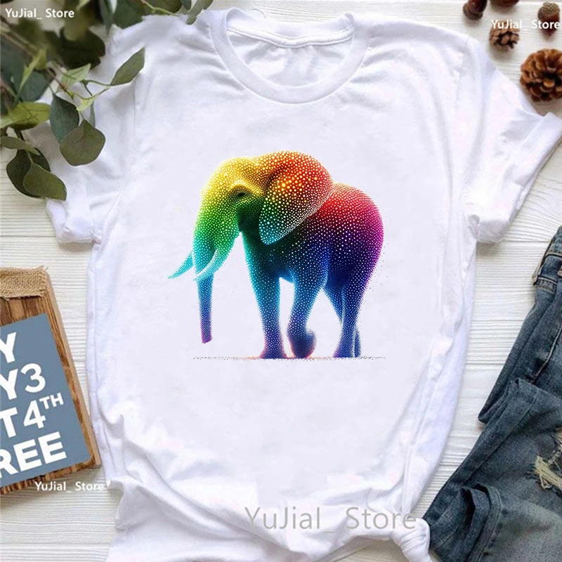 

Rainbow Elephant Animal Printed Tshirt Girls Summer Fashion Short Sleeve T Shirt Women Harajuku Kawaii Clothes White T-Shirt