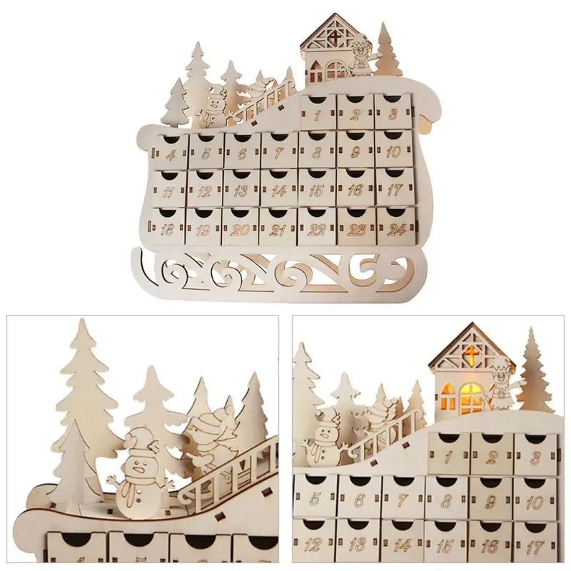 

Sleigh Wooden Advent Calendar Countdown Christmas Party Decor 24 Drawers with LED Light Ornament DropShip