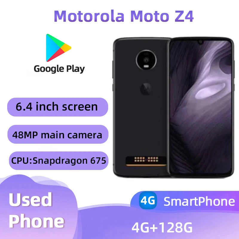 Motorola Moto Z4 XT1980 4g SmartPhone Snapdragon 675 6.4 inch AMOLED Screen 3600mAh 15W Charge 48MP Camera Used Phone