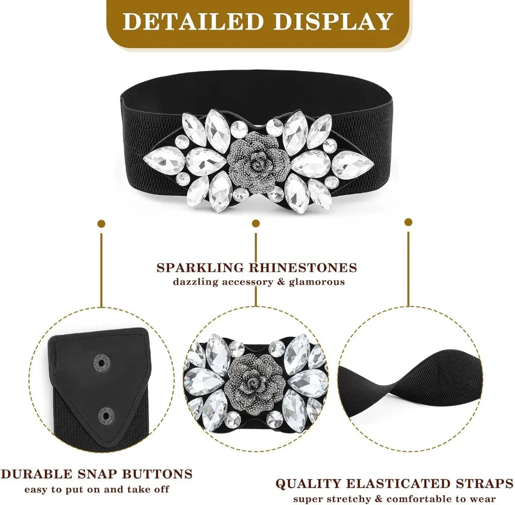 Rhinestone Belt Wide Stretch Belt Women Dressy Elastic Flower Belts