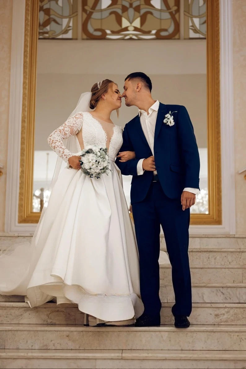 Vestido de novia de satén, vestido de novia de cola larga de satén, vestido de novia bohemio de manga larga, vestido de novia sencillo, vestidos de fiesta