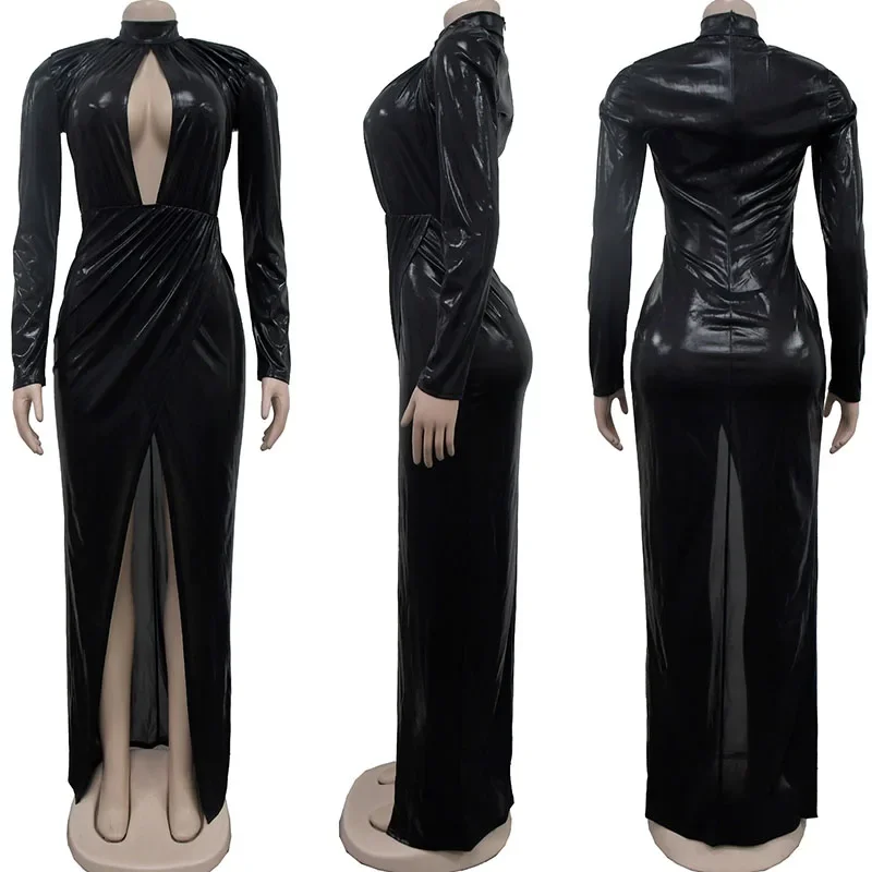 Elegant Metallic Prom Party Long Dresses Women Nightclub Ruched High Split Clubwear Celebrity Bodycon Maxi Dress Evening Gown